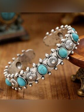 Western Bracelet Turquoise Stone Silver Cuff Bracelet